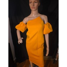 ASOS Women’s Mustard Yellow Off Shoulder Bodycon Dress Puff Sleeve SIZE 8 