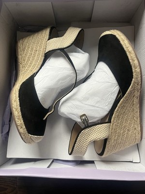 ANN TAYLOR LOFT Black-Beige Espadrille Wedge Ankle Strap Shoes/Sandals Size 8
