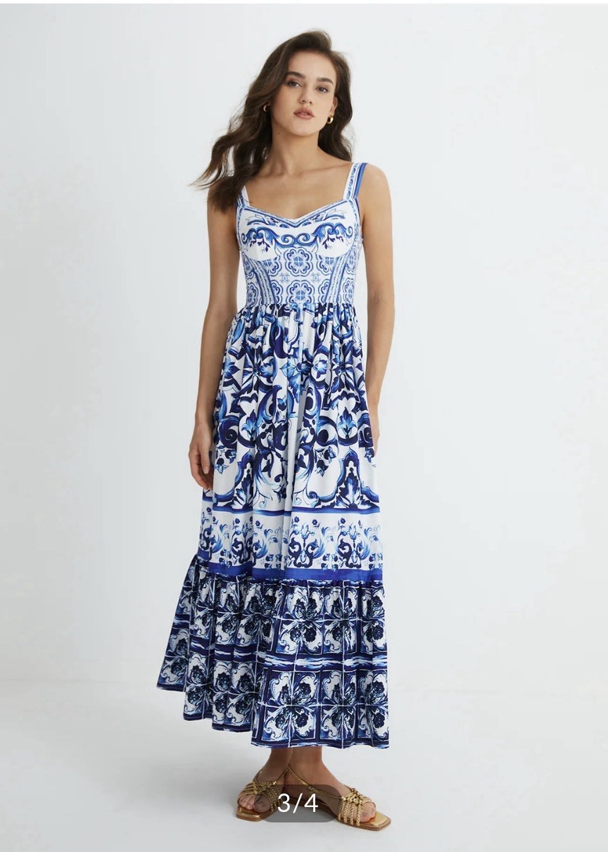 Commense Dress Sz XS Print Strap Pleated Long Dress White Blue
