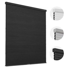 Honeycomb Shades for Windows Cordless, Black Blackout Cellular Shades, Free-S...