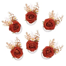 Orange Velvet Rose Wrist Corsage, Set of 6, Wedding Bridal Flower Corsage Han...