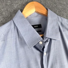 Hugo Boss Shirt Mens 17.5" Blue Check Long Sleeve Regular Fit Enzo Mitred Cuffs