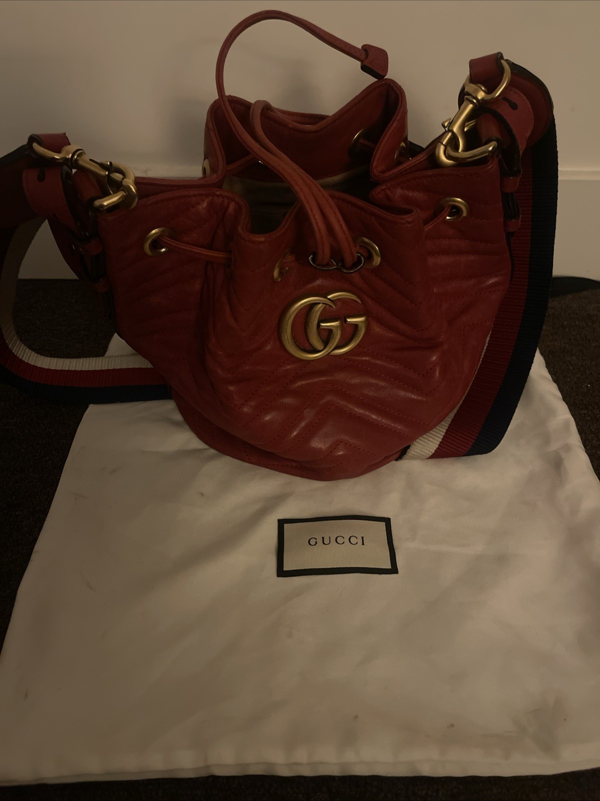 Red Gucci Chevron Quilted Leather Marmont Bucket Bag