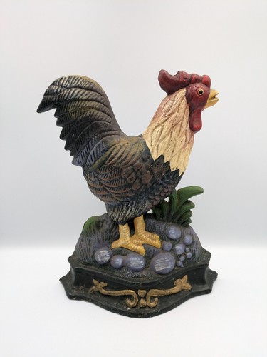 Vintage Cast Iron Colourful Rooster Shaped Doorstop Decorative Kitchen Farmhouse