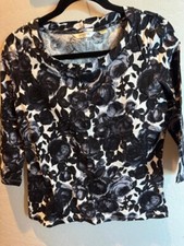 NTW - Liz Claiborne Black Floral Blouse Top 3/4 Sleeve - Size Petite Small