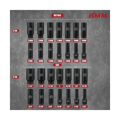 8-Piece SAE 1/2" Drive Deep Large Impact Socket Set; 11-Piece Metric Spindle Axle Nut Wheel 8-Piece SAE 1/2" Drive Deep Large Impact Socket Set; 11-Piece Metric Spindle Axle Nut Wheel