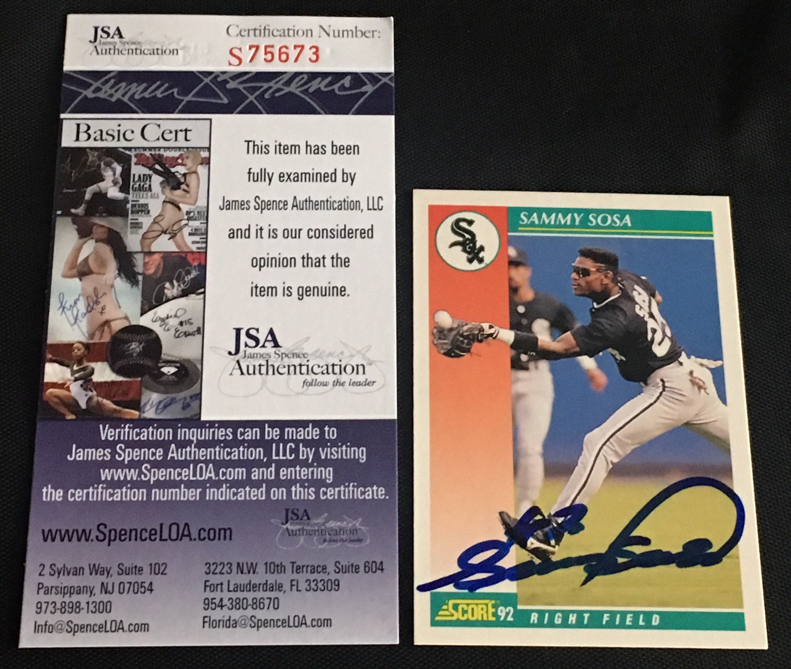 SAMMY SOSA 1992 SCORE SIGNED AUTOGRAPHED CARD #258 WHITE SOX JSA CERTIFIED 