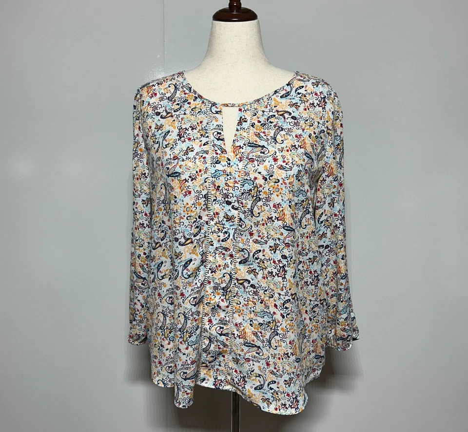 Collective Concepts Campesino Top Mujer XXL Blanco Azul Paisley Cerradura Cuello Fluido Foto 2 de 4
