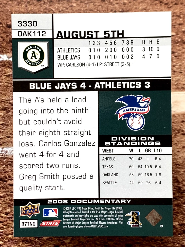 2008 Upper Deck Documentary Jack Cust #3330 - Image 2 of 2