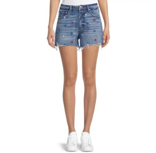 No Boundaries Juniors’ High Rise Frayed Destructed Midi Star Denim Shorts Sz 5