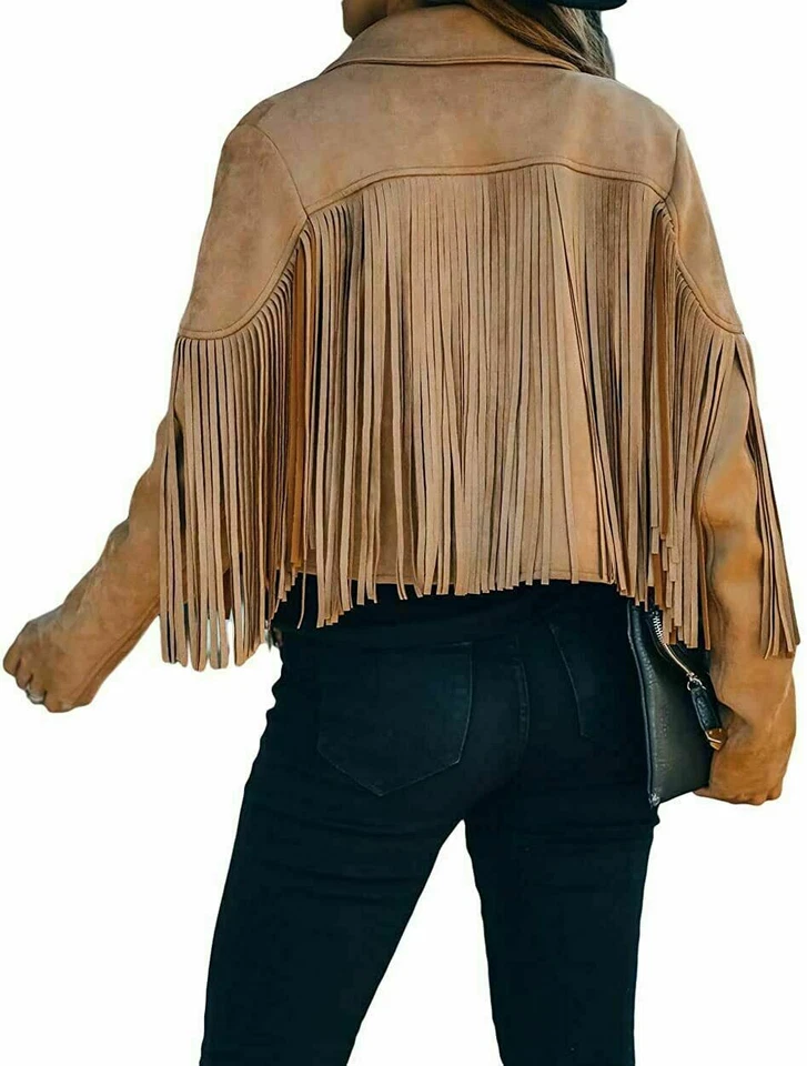 Chaqueta de moto de gamuza sintética con flecos y borlas recortadas elegantes para mujer - Chartou Camel XS~XL Foto 3 de 4