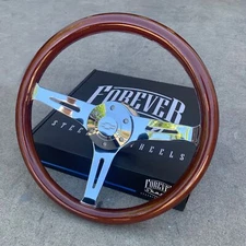 15" Chrome Steering Wheel Dark Wood Mahogany Grip Licensed Chevy Horn 6 Hole