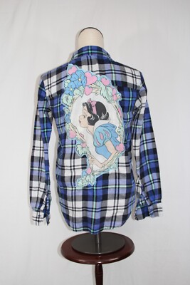 Upcycled Flannel Snow White Shirt Women's XS Button Up Plaid Bleached Distressed