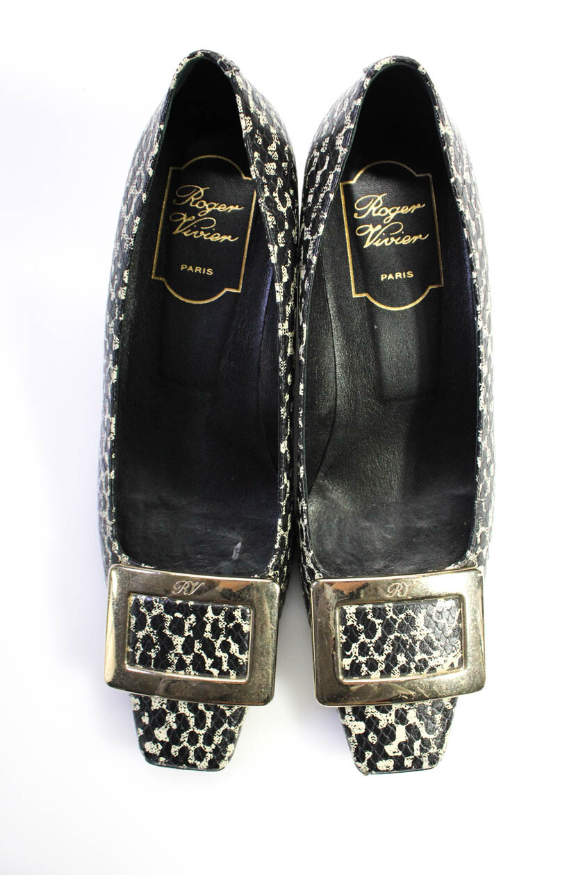 Roger Vivier Womens Embossed Leather Kitten Heel Pumps Black White Size