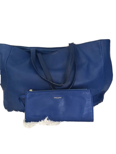Yves Saint Laurent Paris Bag Purse W/Pouch 11 H X 14 W Leather Tote Vintage Blue - 第 1/12 張圖片