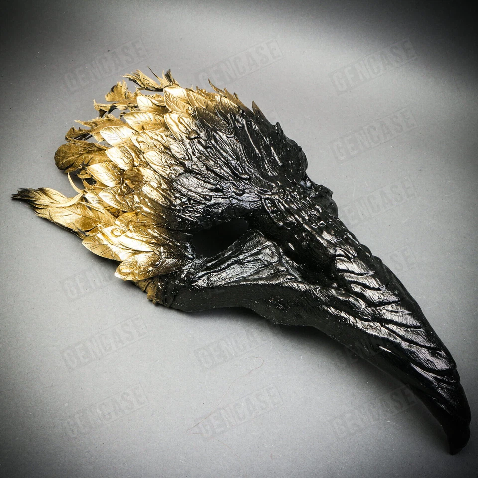 Black Plague Doctor Raven Bird Nose Halloween Costume Party Mask Gold Feather - Image 3 of 4
