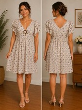 Boho Floral Midi Dress Cutout Ruffle Sleeve Retro Print Size M