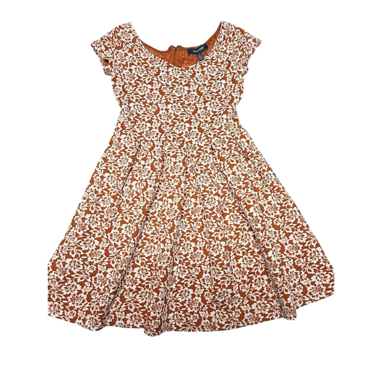 ModCloth Women’s Orange Floral Fit & Flare Dress Size S Short Sleeve Back Zip