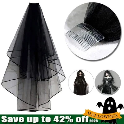 BLACK Wedding Gothic HALLOWEEN Veil Edge Comb Elbow Length Fancy Dress Party UK - Image 1 of 4