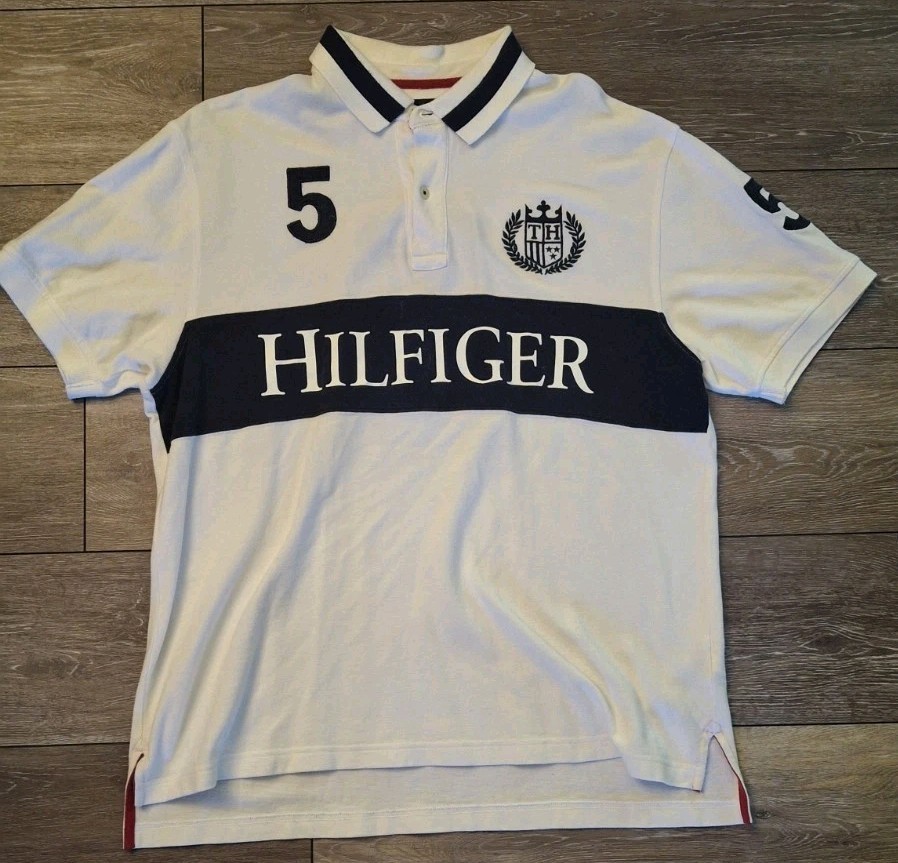 Vintage Tommy Hilfiger Spellout Polo Shirt Men XL White Navy Rugby Crest #5
