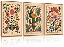 Vintage Flower Framed Canvas Wall Art,Colorful Desert Cactus Flowers Wall Dec...
