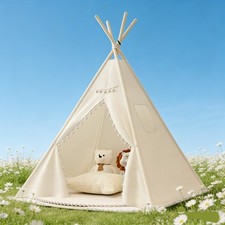 Large Canvas Kids Teepee`Star Wood Indian Tent Child In/Outdoor Play House White