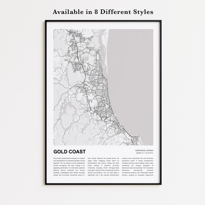 Gold Coast City Map Print, Queensland Travel Poster, Modern Map, Wall Decor Art