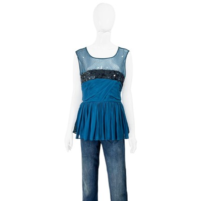 See By Chloe Blouse Top Womens 10 US Petrol Blue Silk Sheer Sequined Pleated NWT