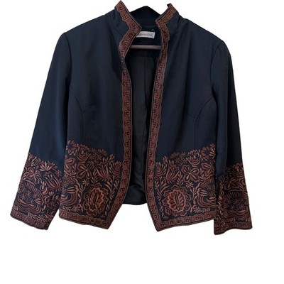 Coldwater Creek Embroidered Blazer Bolero Women's Size 8P Black Copper Floral