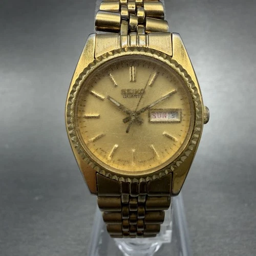 Seiko Watch Women 25mm Gold Dial Gold Tone Daydate Round 7N83-0041 New Battery7H
