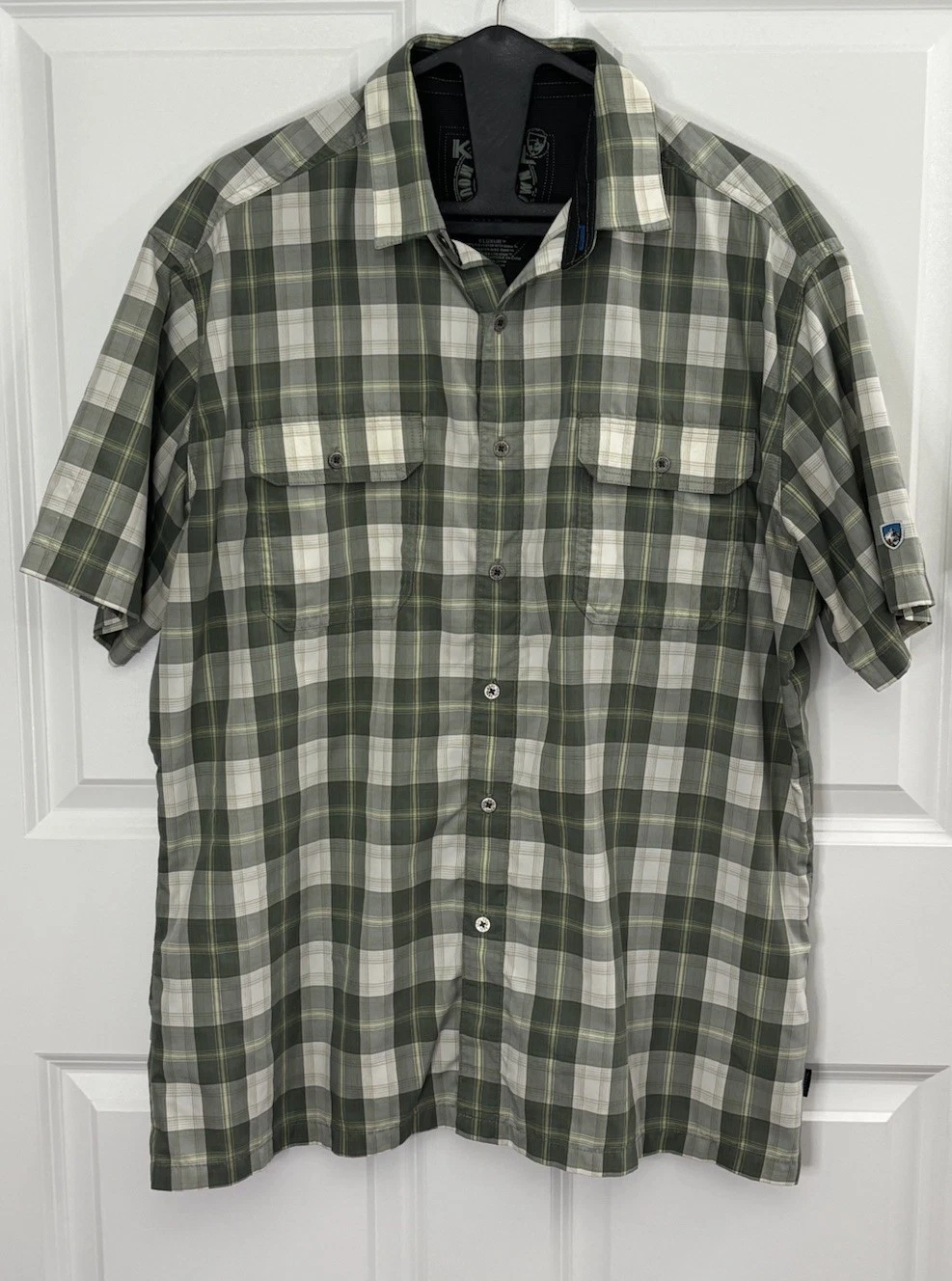 Kuhl Eluxur Plaid Hiking Camp Shirt Mens XL Green White Short Sleeve 0511