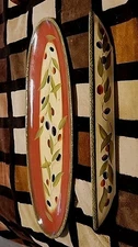 Clay Art Hand Painted Antique Olive 20" Oval Serving Bread Tray & 16" Olive Dish