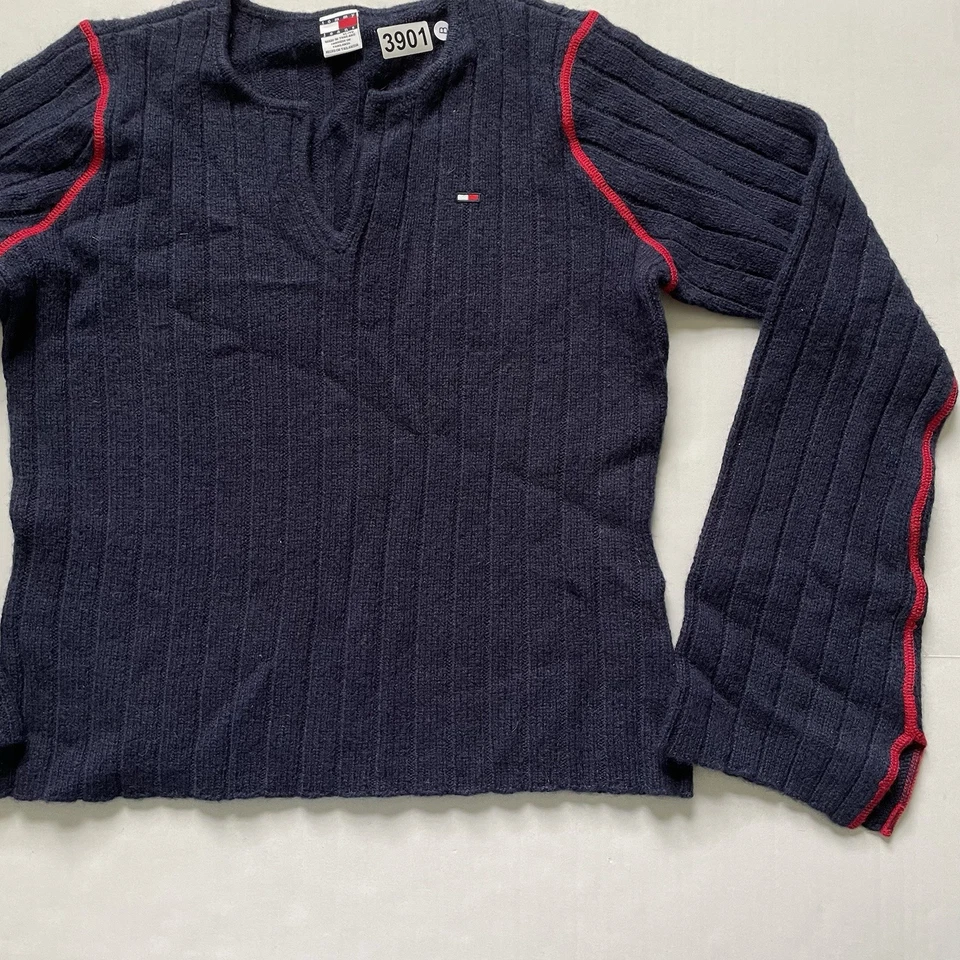 Suéter Tommy Hilfiger Para Mujer XL Azul Marino Acanalado 100% Lana Shetland Y2K De Colección Foto 4 de 4