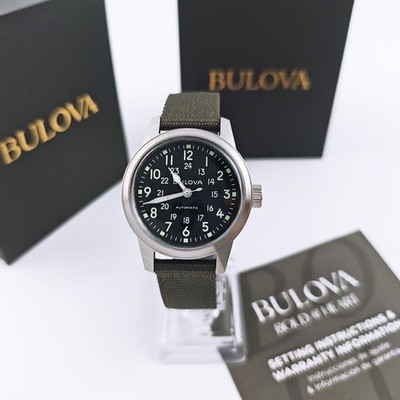 Bulova 96A259 Hack Black Dial Green Leather Strap Automatic Men's Watch 38MM
