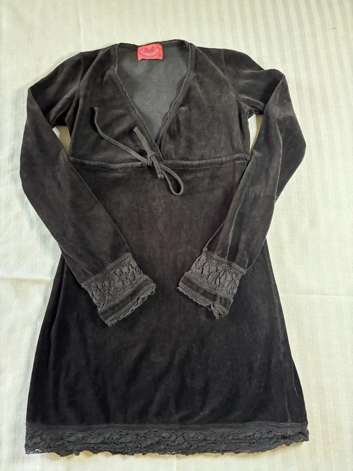 Vestido Juicy Couture Terciopelo Crochet Para Mujer Negro Talla Pequeña Pequeño Manga Larga Foto 3 de 4