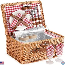 ZORMY Handmade Wicker Picnic Basket for 2, Insulated Red Check Hamper Set with