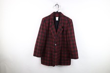 Vintage 90s Womens Size 16 Wool Blend Tweed Suit Coat Blazer Jacket Red Plaid