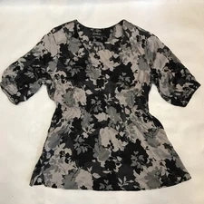 Eddie Bauer Womens M Silk Top Empire Waist Pullover V-Neck Black Gray Floral