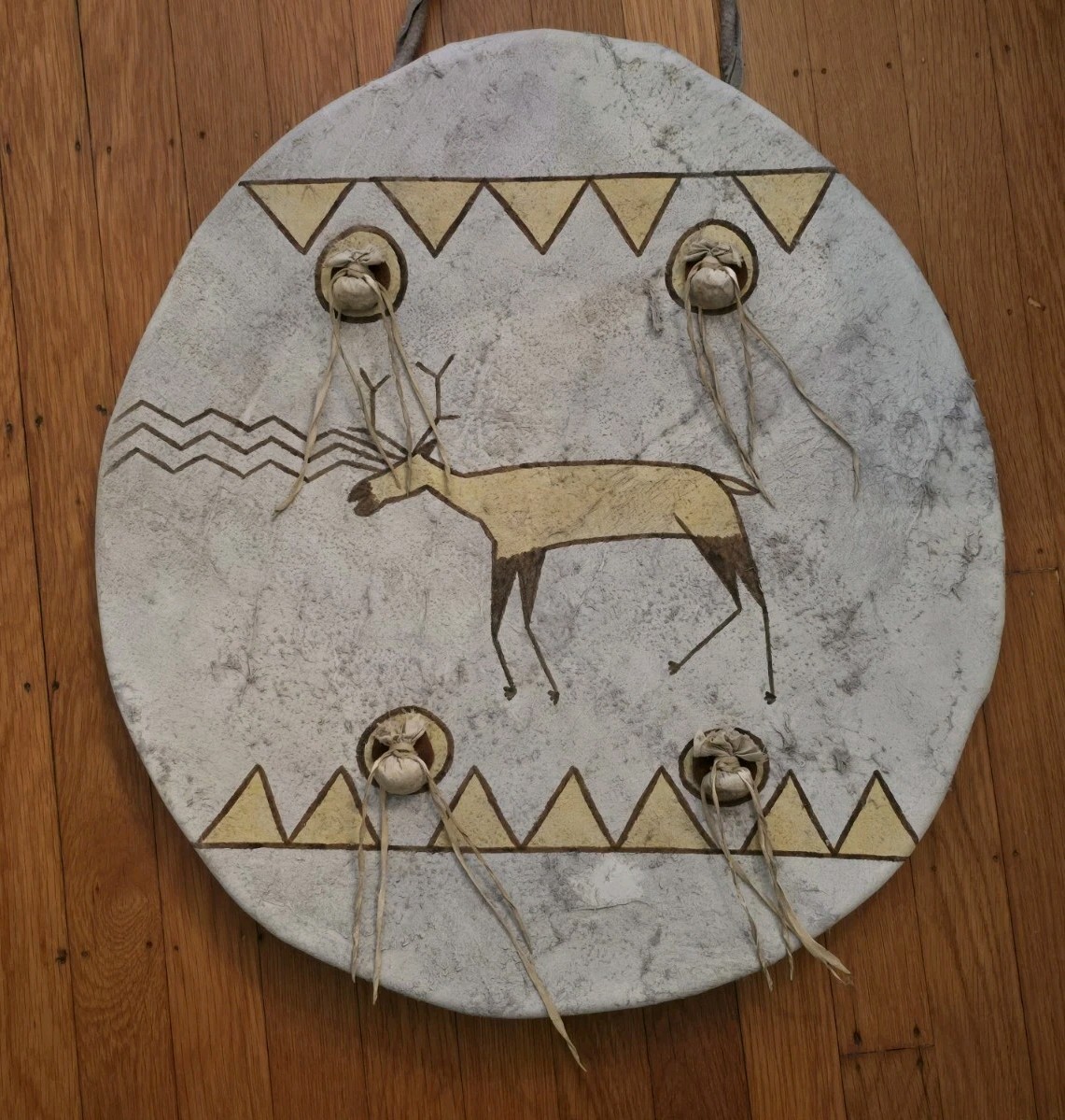 NATIVE AMERICAN CEREMONIAL LEATHER SHIELD, PAINTED "ANIMAL CLAN"  SD-0621*05689