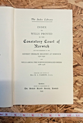 1945 The Index Library Consistory Courts of Norwich Wills 1370 to 1550 Hardcover
