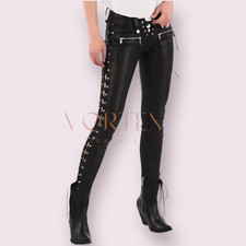 Women Real Leather Laces Up Black Leather Pant Chaps Ladies Laces Up Style  LGBT
