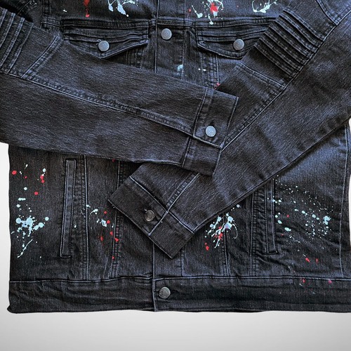 NWT Men’s Jeanius Akademiks Graphite Paint Splatter Jean Jacket, Size L - Picture 12 of 15