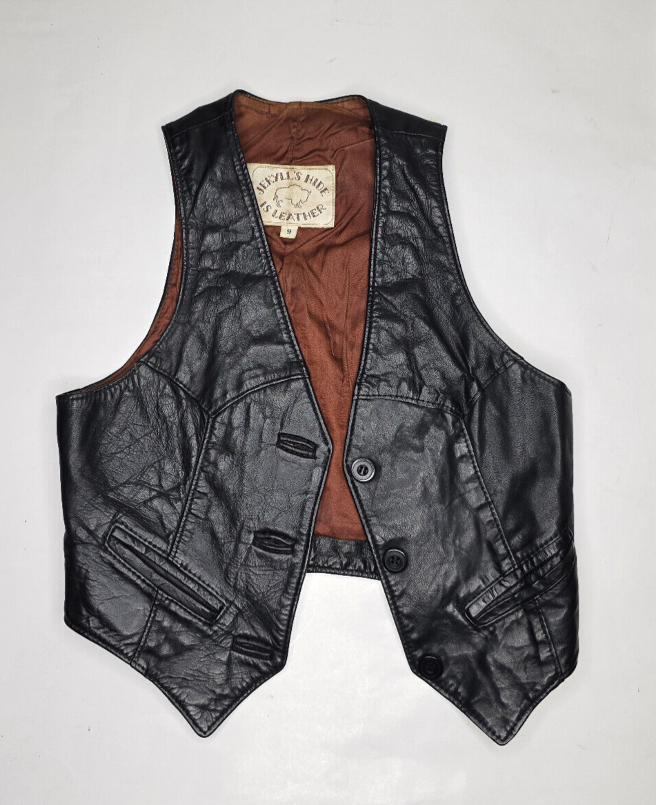 True Vintage Black Leather Vest Jekyll's Hide Juniors Sz 9 Biker Style Lined True Vintage Black Leather Vest Jekyll's Hide Juniors Sz 9 Biker Style Lined