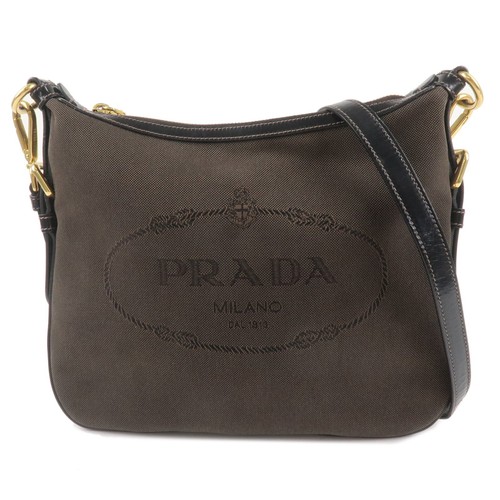 PRADA Shoulder Bag Black Brown Logo Jacquard Leather Auth Used
