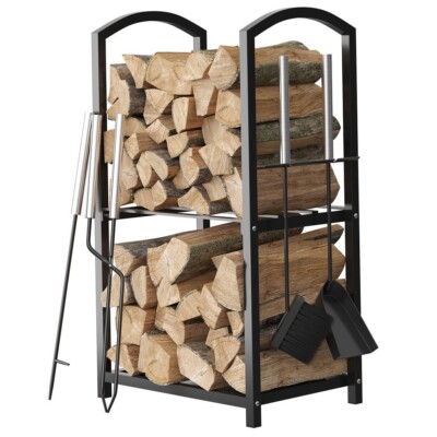 Firewood Rack with 4-Piece Tool Set - 17x12x29'' Log Holder for Indoor Outdoor