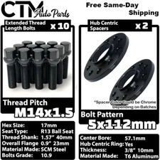 2x 10mm Thick 5x112 57.1mm CB Wheel Spacer Set Black 14x1.5 Bolt Fit Volkswagen