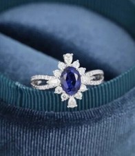 2 Ct Oval Cut Simulated Blue Sapphire Halo Engagement Ring 14K White Gold Plated