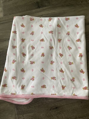 RALPH LAUREN Receiving Blanket White w/ Pink Trim Teddy Bears Girls No  Stains