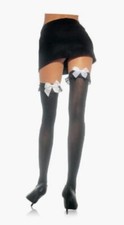 Women's Black Thigh High Stockings WITH Lace Ruffles  Satin Bow, One Size, NEW