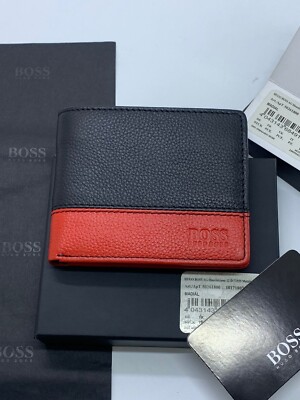 BRANDNEU HUGO BOSS HERREN MADIAL ROT UND SCHWARZ LEDER FALTBARE GELDBÖRSE MÜNZFACH